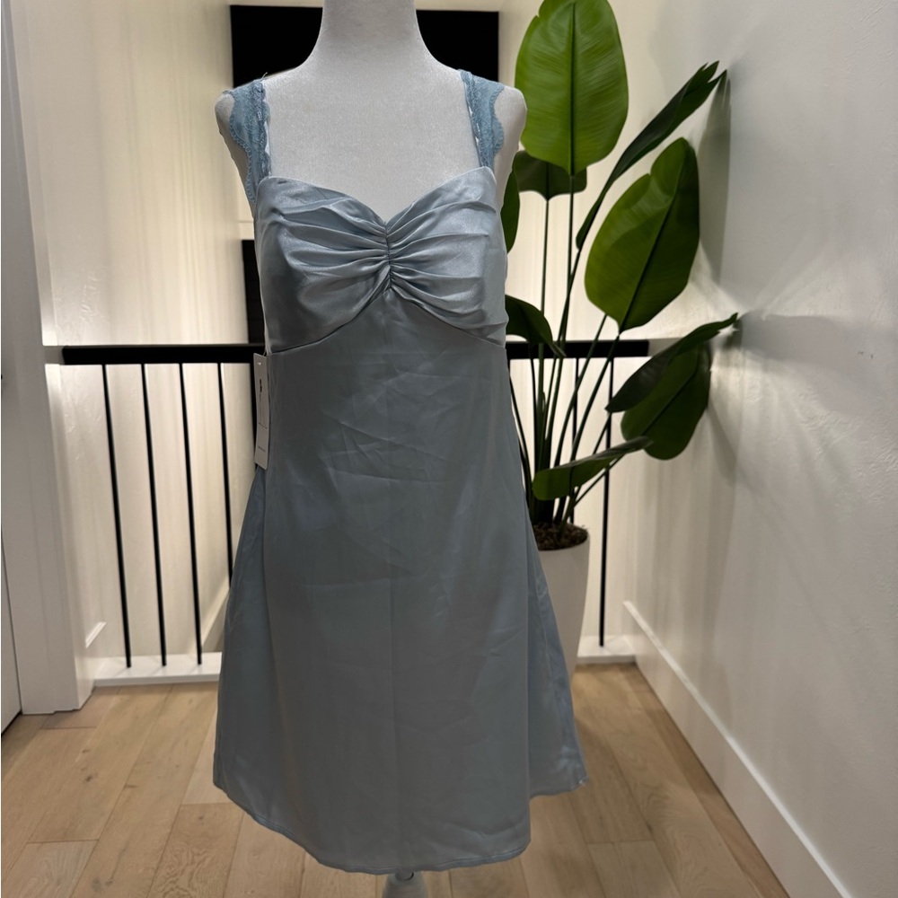 Elegant Blue Satin Dress with Lace Straps